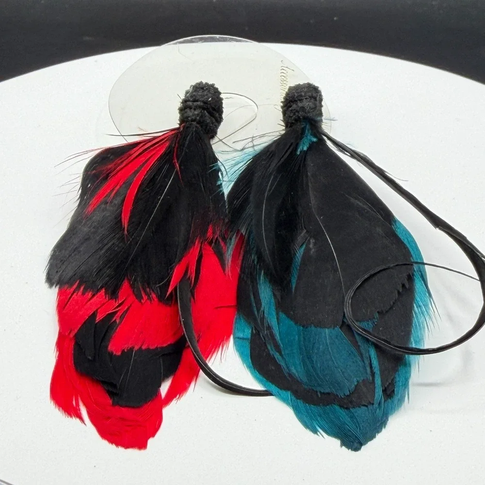 Red Teal Black Feather Brooch Pins Pair Boho Statement Costume Jewelry Set Lot